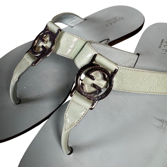 Double g leather flip flops Gucci Blue size 37 IT in Leather  Gucci Double G Green Blue Aqua Logo Leather Thong Flip Flop Sandal Size 38 US8